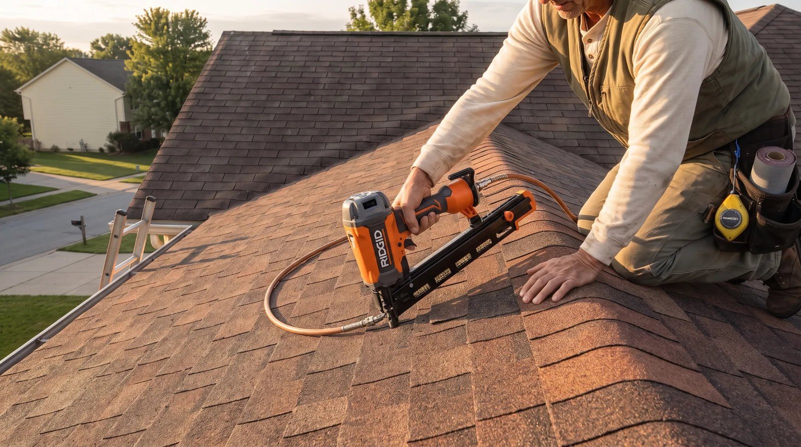 A roofer in an olive vest kneeling on a shingle roof ridge and holding an orange pneumatic roofing nailer, with a ladder against the gutter and houses on the street below