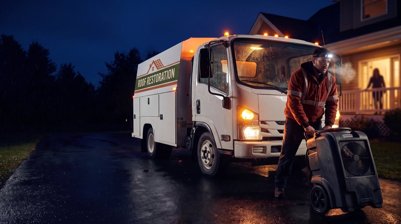 A restoration technician in a red reflective jacket and headlamp wheeling a large drying machine across a wet driveway at night beside a white service truck marked Roof Restoration, with a homeowner waiting on a lit porch