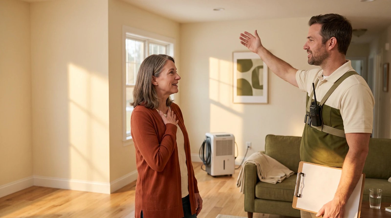 A smiling restoration technician in a cream polo and green work apron holding a clipboard and gesturing toward the ceiling while a homeowner in a rust cardigan listens with a hand on her chest, with a dehumidifier and green sofa in a sunlit living room